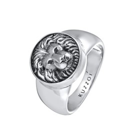 Kuzzoi 0607632721 Men's Signet Ring Round Solid 15 mm Wide in 925 Sterling Silver Biker Ring Oxidised with Lion Head Retro Symbol Ring for Men in Ring Size 60-66, Stainless Steel