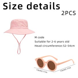 PSOWQ Pack of 1 Baby Sun Hat and Sunglasses, UV Protection UPF 50+ and Sun Protection, Summer Bucket Hat, Wide Brim Fishing Hat Children with Adjustable Chin Strap, Beach Hat for Girls, Boys, Pink,