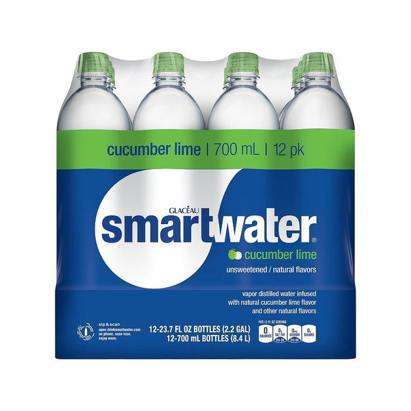 smartwater Cucumber Lime, Vapor Distilled Premium Bottled Water, Cucumber Lime, 23.7 Fl Oz (Pack of 12)