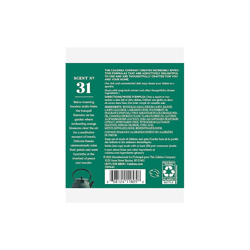 Caldrea Dish Soap, Dishwashing Liquid Made with Soap Bark, Aloe
