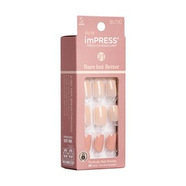 KISS imPRESS No Glue Mani Press On Nails, Bare But Better, Simple Pleasure', Nude, Short Size, Squoval Shape, Includes 30 Nails, Prep Pad, Instructions Sheet, 1 Manicure Stick, 1 Mini File