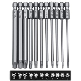 YUENTOEN Long Torx Security Screwdriver Bit Set,100 mm Length T6 T7 T8 T10 T15 T20 T25 T27 T30 T40 1/4 Inch Hex Shank S2 Steel Torx Security Head Drill Screw Driver Drill Set (11pcs)