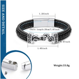 constantlife Motorcycle Cremation Bracelet for Ashes for Men Braided Leather Wristband Cuff Bangle Memorial Urn Jewelry Motorbike Racer Funeral Keepsake Gift (Silver, 18cm)