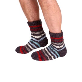 Pachamama Men 100% Wool Bed Sofa Socks Handknitted Plain Stripe Red Large 7-11 Handmade Extra Warm