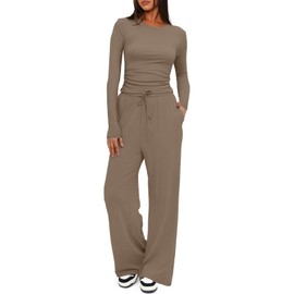 Joligiao 2 Piece Outfits Women Lounge Wear Sets Womens Tracksuit Set Ruched Long Sleeve Crop Tops and Drawstring Elastic Waist Wide Leg Trouser Two Piece Loungewear Sets for Women Casual Leisure Wear