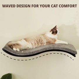 LIORCE Cat Shelf with Comfortable Cat Cushion - Wave Modern Cat Bed - Minimalistic Floating Cat Wall Perch - Wooden Wall Mounted Cat Furniture for Sleeping, Playing, Climbing, and Lounging, Walnut