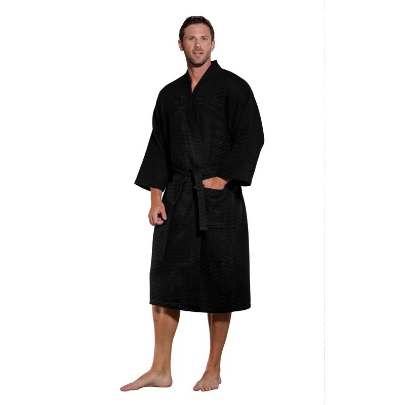 Turquaz Lightweight Long Waffle Kimono Spa Robe for Men, Black,