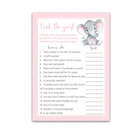 FIND THE GUEST Baby Shower Game — Pack of 25 — GIRL Baby Shower Game, Icebreaker Baby Shower Party Game, Guess Who Came to the party Game, PINK Elephant Girl Baby Shower Quiz Party Game SKU G500-FTG