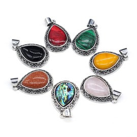 LHJ 4 Pcs Natural Stone Pendants Waterdrop Shape Mixed Crystal Agate Stone Charms Hollow Alloy Base for Jewelry Making Necklace Earrings