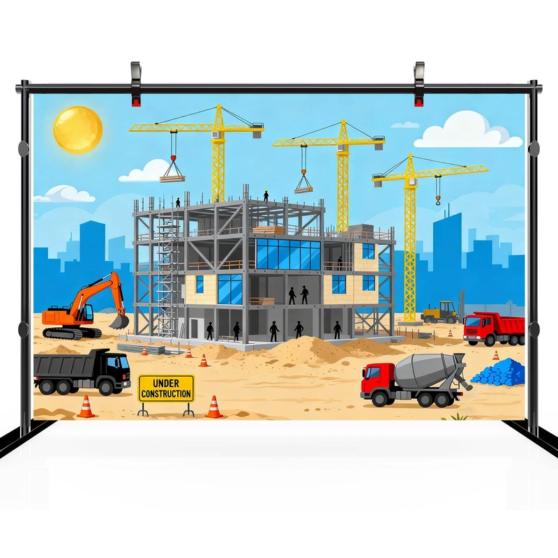 CHNYWORK 7x5ft Cartoon Construction Site Backdrop Building Materials and Equipment