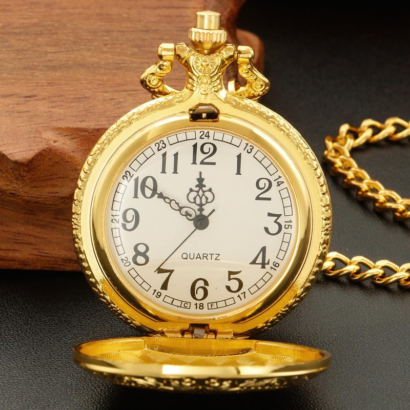 Tiong Gold Shield Men's Quartz Pocket Watch with Chain, Arabic