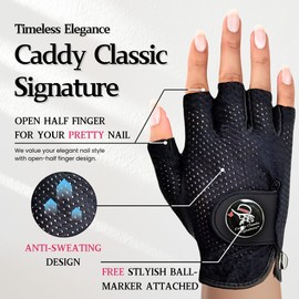 Caddy Classic Ladies Golf Glove Women | Half Finger Mesh Design for High Breathability | Premium Leather Construction for Comfortable Fit | Includes Stylish Magnetic Ball Marker