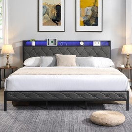 King Size Bed Frames with Storage Headboard, LED Platform Bed Frame King Size, Upholstered Bed Frame with Charging Station, No Box Spring Needed, Easy Assembly,Dark Gray