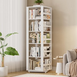 Homykic Rotating Bookshelf, Bamboo 360 Display Spinning Bookshelf Tower, 5-Tier Small Corner Bookcase for Small Spaces, Narrow Revolving Book Shelf Organizer Rack for Home Office, White
