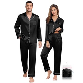 YOPUGEE Womens Satin Silk Pajamas Set Long Sleeve Button Down Sleepwear 2 Piece Soft Pjs Lounge Set, Black-S