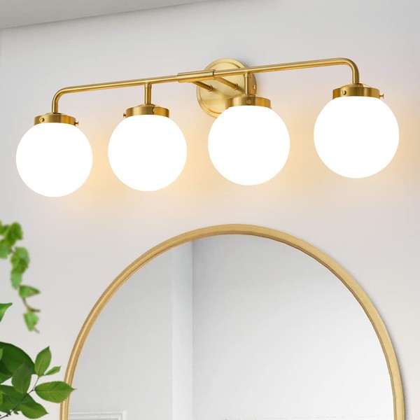 Deyidn Bathroom Light Fixtures Gold Vanity Lights Over Mirror, Modern Wall Sconce Lighting 4-Light with White Glass Globe Shade