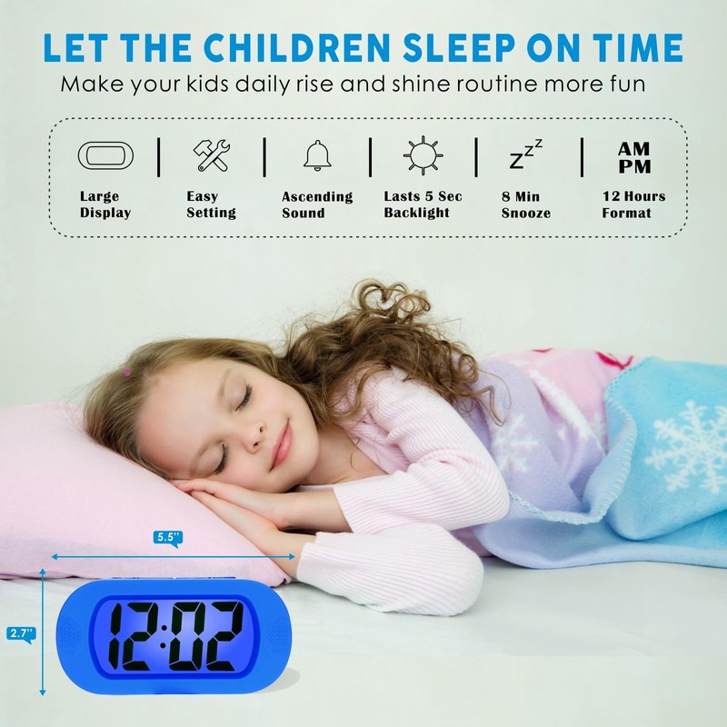 Plumeet Kids Alarm Clock Large Digital LCD Travel Alarm Clocks