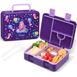 rockpapa 5 Compartment Bento Lunch Box for Kids, Leak Proof, Dishwasher Safe, BPA Free Materials, Snack Bento Box with Utensils, Ideal Portion Size for Boys Girls Ages 3+ (Purple Mermaid)
