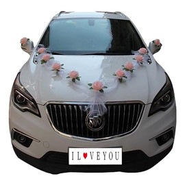 Car Decoration Set, Car Wedding Garland, Flower Decoration Car, DIY White Gauze Rose Decoration Set with 9 Roses, 2 x 1.6 m Long, Champagne Pink