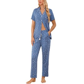 Women Pajamas Set Soft Sleepwear Pjs Short Sleeve Button Down Nightwear with Long Pants Lake Blue Star S