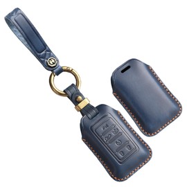 TECART Leather Car Key Fob Cover Fit for Jeep Cherokee Grand Cherokee Wagoneer Grand Wagoneer Key Protective Cover Keychain, 6 Button-blue