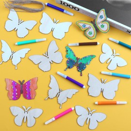 guobinZH Pack of 50 Craft Sets for Children, DIY Blank Butterfly Wooden Pendants for Painting, Children's Painting Craft Set with Watercolour Pen, Gemstone Stickers for Girls, Crafts, Children's