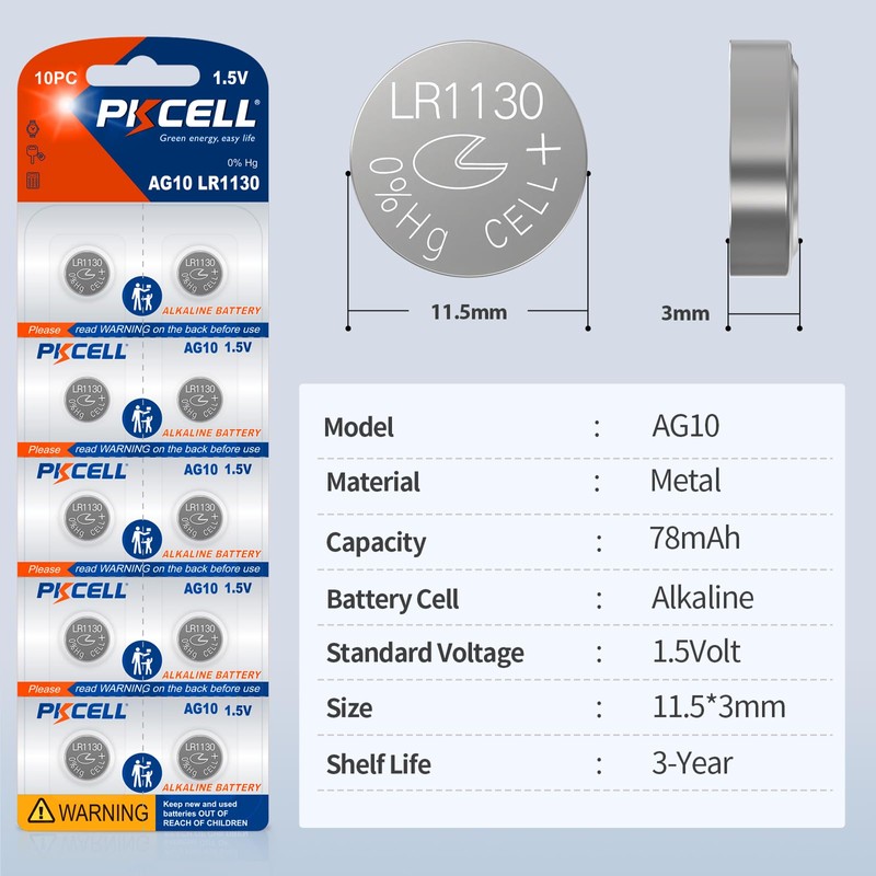 PKCELL LR1130 Battery LR54 AG10 389 390 Button Cell Battery
