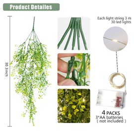 RECUTMS 4Pcs Artificial Hanging Ferns Plants with 30 Lights Fake Ivy Vine Faux Greenery Garland for Porch Fence Patio Yard Wedding Party Indoor Outdoor Decorations (Yellow)