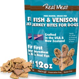 Real Meat Dog Treats - Two 12oz Bag of Bite-Sized Air-Dried Fish & Venison Jerky for Dogs - Grain-Free Jerky Dog Treats Made up of 95% All-Natural, Human-Grade, Free-Range Venison & Ocean-Caught Fish