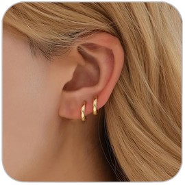 1 Pair 8mm Small Hoop Earrings for Women, Dainty 14K Gold Plated Huggie Hoop Earrings Hypoallergenic Lightweight Cartilage Earrings Set for Multiple Piercings for Sensitive (Gold)