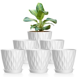 UOUZ UOUZ 6 Pack 4 Inch Small Plant Pots with Saucers, 3D Textured Plastic Planters with Drainage Holes for Indoor and Outdoor Plants, Flowers, Herbs, Succulents, and Seedlings, White