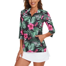 Viracy Womens Golf Tops 3/4 Sleeve Golf Shirts for Women UPF50+ Sun Protection 1/4 Zip Up with Zipper Pockets Moisture Wicking for Yoga Athletic, Flowers-Large