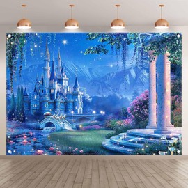 Monalivest Fabric 7x5ft Blue Fairytale Castle Night Sky Backdrop