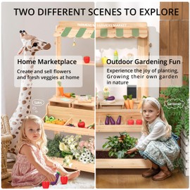 PairPear Wooden Mud Grocery Stand, 2-in-1 Outdoor Market Stand & Mud Kitchen for Kids Outdoor, Montessori Pretend Play Toy with 14 Accessories, Cash Register & Play Food, Ages 3+