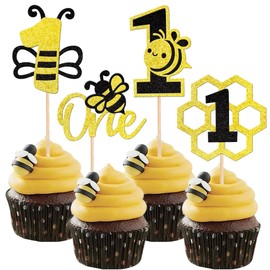12 Pcs Bee One Cupcake Toppers - Glitter Honeycomb Number 1 Picks for Bee Theme Baby Shower Boys Girls First Birthday Party Supplies