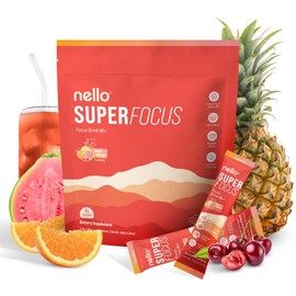 Nello SuperFocus Focus Drink Mix – Fruit Punch Flavor – Alpha GPC, Lion’s Mane, Rhodiola & N-Acetyl L-Tyrosine – Sugar-Free, On-the-Go Packets – 20 Servings
