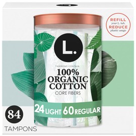 L. Cotton Tampons Light/Regular Absorbency Multipack, Contains an Organic Cotton Core, Made Without Synthetic Pesticides, or Fragrances, 84 Count