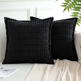 Artscope Black Cushion Covers Set of 2 Corduroy Decorative Square Striped Pillowcase with Stitched Edge Pillow Covers 45x45cm for Home Decor Sofa Bedroom Car