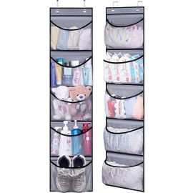 MISSLO 2 Pack Over the Door Storage Hanging Organiser with 5 Mesh Pockets Organizer for Bedroom, Bathroom, Closet, Wardrobe, Grey