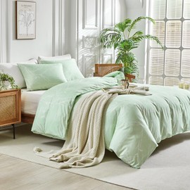 Lekesky Green Double Duvet Cover Set 3pcs Botanical Plants Bedding Set, Soft Microfibre Lime Green Duvet Set with Pillowcases Zip Closure Easy Care, 200x200cm (Green, Botanical)