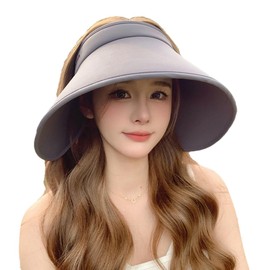 Women's Sun Visor Hats UV Protection Wide Brim Beach Sun Hat Fodable Adjustable Cap Ponytail Summer Travel Hat Gray