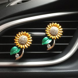 2 Pieces Sunflower Air Vent Clips Bling Flower Car Accessories Cute Car Air Freshener Rhinestone Sun flower Gift Decorations Charm Car Clip Interior Air Vent Decor
