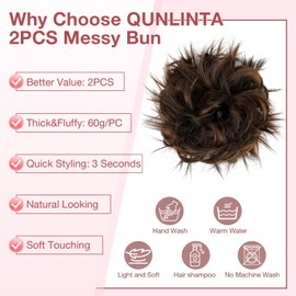 Qunlinta 2 PCS Large Messy Bun Hair Piece, Thick Tousled Updo Wavy Curly Hair Bun Scrunchies Extensions Synthetic Chignon Updo Hairpieces for Women Girls Dark Brown Mix Light Auburn