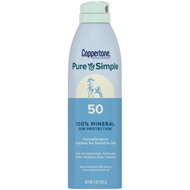 Coppertone Pure and Simple Zinc Oxide Mineral Sunscreen Spray SPF 50, Water Resistant, Broad Spectrum SPF 50 Sunscreen for Sensitive Skin, 5 Oz Spray