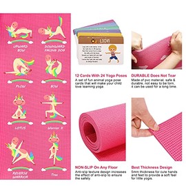 Garybank Juego de alfombrillas de yoga para niños, tapete de ejercicio antideslizante con estampados divertidos, 12 tarjetas de yoga para niños, bolsa