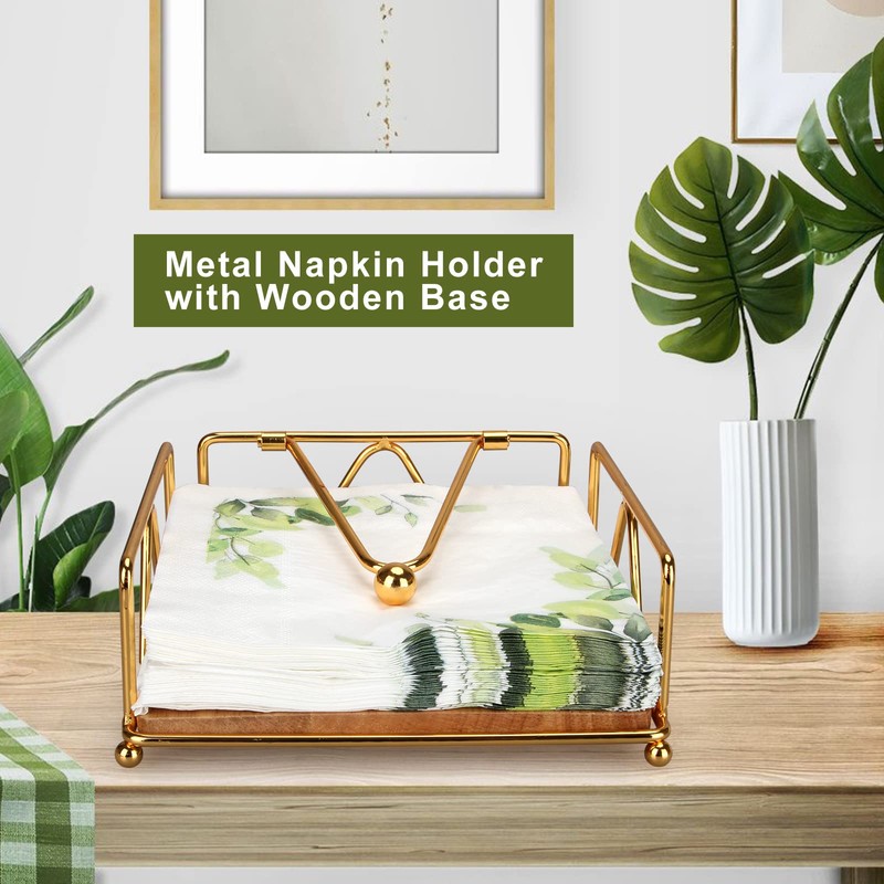 Gold Modern Napkin Holder for Table with Weighted Arm, Square