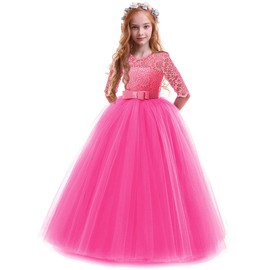 Spring Flower Girl Wedding Bridesmaid 3/4 Sleeves Kids Floral Lace Pageant Communion Princess Dress Prom Evening Dance Gown Hot Pink 5-6 Years
