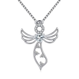 jiamiaoi 18K White Gold Plate Angle Pendant Necklace 925 Sterling Silver Cross Chain with 12 Month Birthstone, Comes with Gift Box, Cubic Zirconia