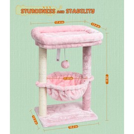 SYANDLVY Small Cat Tree for Indoor Cats, Activity Cat Tower with Scratching Post for Kittens, Modern Cat Furniture with Basket & Hanging Ball for Play Rest, Pink