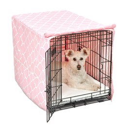 New World Medium Dog Crate Cover Featuring Teflon Fabric Protector, Poly-Cotton Privacy Kennel Cover Fits Most 30-inch Crates, Pink Designer Print, Machine Washable, Reduces Barking
